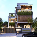 Modern Detached Villa With Greenery Covered Balcony Glass Elements And Stone Facade