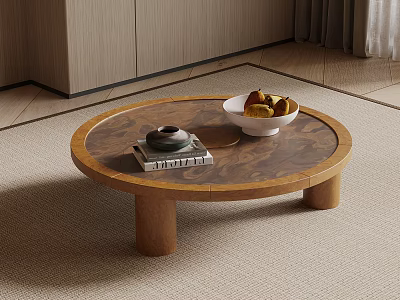Round Wooden Coffee Table with Teapot Books and Fruit Bowl in Modern Living Room 3d model