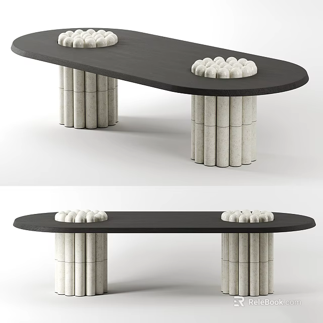 Modern Oval Dining Table With Black Tabletop And White Cylindrical Legs With Decorations 3d model
