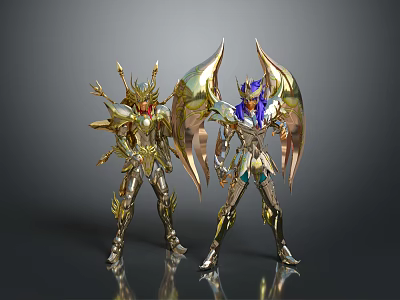 Two Golden Armored Characters With Winged Designs And Decorative Armor Displaying Heroic Poses 3d model