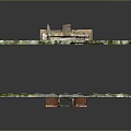 Historic Red Brick Building Scenery With Green Roof Arched Windows And Steps