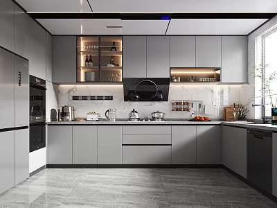 Modern Kitchen Interior Design With Gray Cabinets Island Countertop And Appliances 3d model