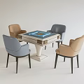 Modern Entertainment Table with Gray and Beige Chairs and Blue Board Game in Minimalist Room