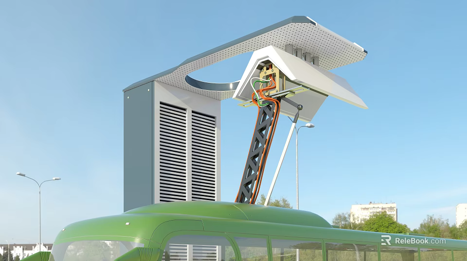 Modern Bus Shelter Structure With White Canopy Green Bus And Gray Ventilation Panels 3d model 