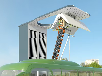 Modern Bus Shelter Structure With White Canopy Green Bus And Gray Ventilation Panels 3d model