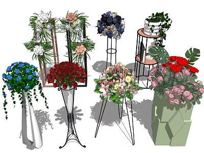 Various Flower Vase Arrangements With Red Roses Blue Hydrangeas And Metal Stand Designs 3d model