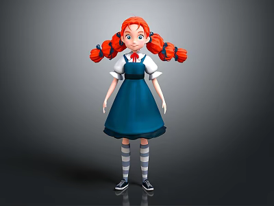 Cartoon Girl With Red Hair Pigtails Blue Dress White Shirt Gray Striped Socks Black Shoes 3d model