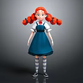 Cartoon Girl With Red Hair Pigtails Blue Dress White Shirt Gray Striped Socks Black Shoes
