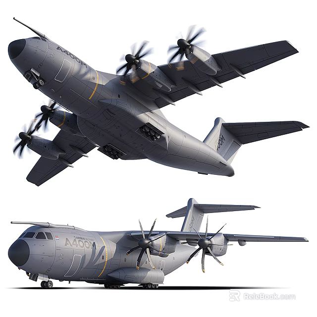 A400M Military Transport Aircraft With Four Propellers Gray Fuselage And Dual Views 3d model 