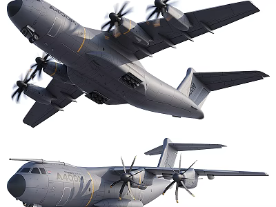 A400M Military Transport Aircraft With Four Propellers Gray Fuselage And Dual Views 3d model