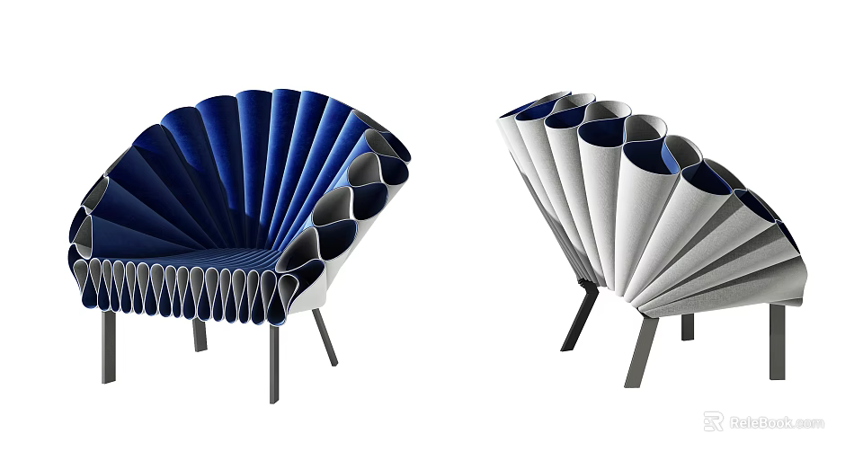 Modern Single Sofa With Fan Shaped Pleated Structure And Velvet Upholstery In Blue And White 3d model 