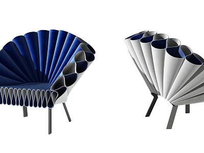 Modern Single Sofa With Fan Shaped Pleated Structure And Velvet Upholstery In Blue And White 3d model