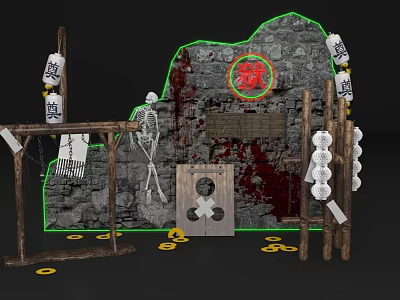 Horror Prison Themed Photo Check in Spot With Stone Wall Skeleton Bloodstains Lanterns And Coins 3d model