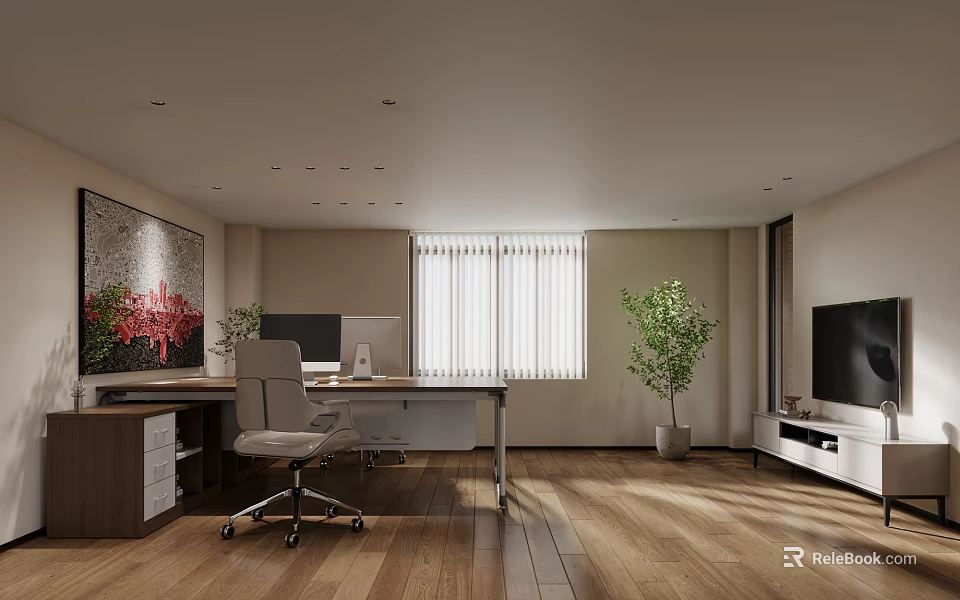 Modern Office Interior Design With Wooden Flooring Desk Office Chair Computer Blinds And Green Plant 3d model 