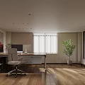Modern Office Interior Design With Wooden Flooring Desk Office Chair Computer Blinds And Green Plant