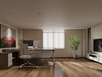 Modern Office Interior Design With Wooden Flooring Desk Office Chair Computer Blinds And Green Plant 3d model