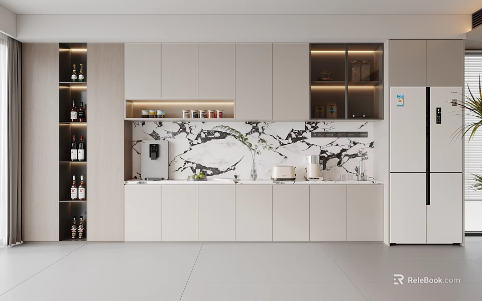Modern Kitchen Wine Cabinet With White Cabinets Marble Countertop And Wine Bottles 3d model 