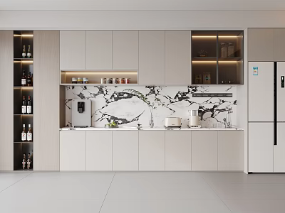 Modern Kitchen Wine Cabinet With White Cabinets Marble Countertop And Wine Bottles 3d model