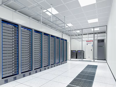 Industrial Equipment Setup in Data Center With Rows of Server Racks and Lighting Systems 3d model