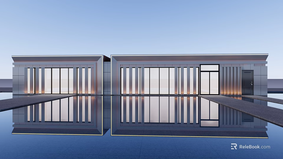 Contemporary Sales Office Building Exterior Featuring Glass Facade Symmetrical Design And Water Reflection 3d model 