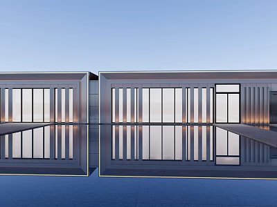 Contemporary Sales Office Building Exterior Featuring Glass Facade Symmetrical Design And Water Reflection 3d model