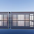 Contemporary Sales Office Building Exterior Featuring Glass Facade Symmetrical Design And Water Reflection