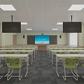 Modern Classroom Interior With Green Chairs White Desks And Large Front Screen