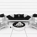 Outdoor Sofa With Wooden Chairs And Flaming Fire Pit On Beach Backdrop With Green Plants