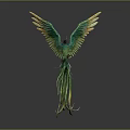 Mythical Flying Phoenix with Spread Green Yellow Wings and Long Vibrant Tail Feathers