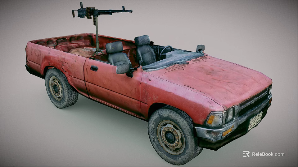 Rusty Red Convertible Pickup Truck Featuring Open Bed And Mounted Equipment 3d model 
