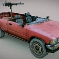 Rusty Red Convertible Pickup Truck Featuring Open Bed And Mounted Equipment