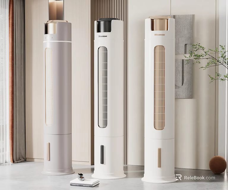 Three Stylish Tower Air Cooler Fans in White Gray Beige for Modern Living Room 3d model 