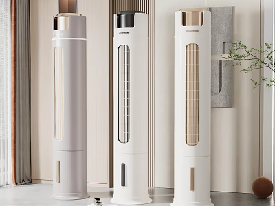 Three Stylish Tower Air Cooler Fans in White Gray Beige for Modern Living Room 3d model