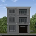 White Three Story Detached Villa With Large Windows Balconies Brown Wooden Door And Green Trees