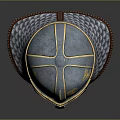 Medieval Metal Helmet With Decorative Golden Details And Chainmail Protective Gear