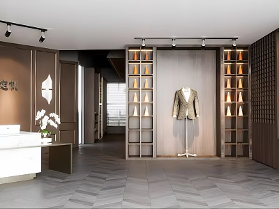 Modern Clothing Store Interior With Mannequin Display Wooden Shelves And Elegant Reception Desk 3d model
