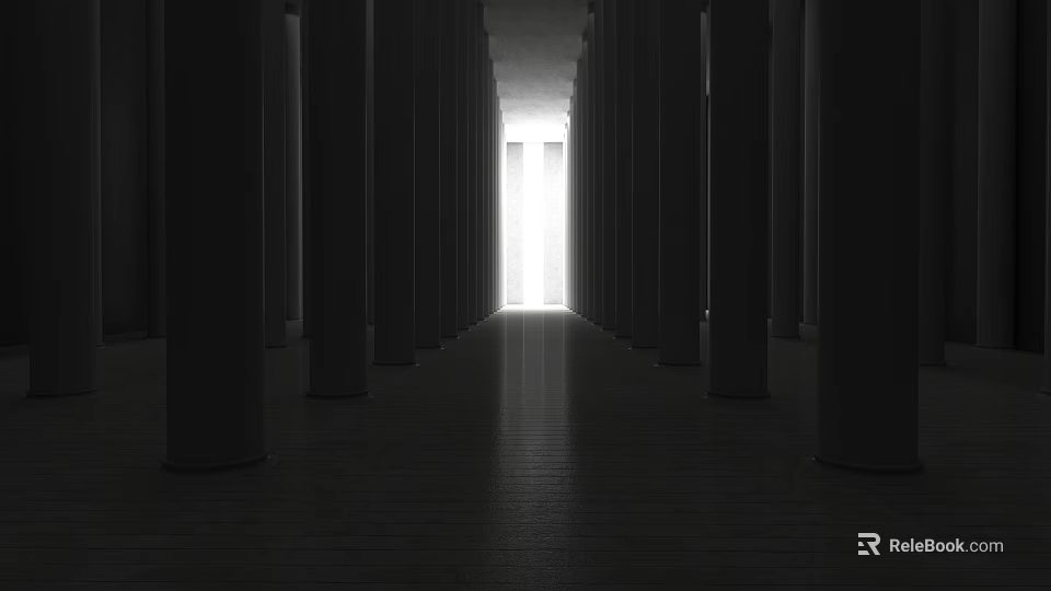 Dark Architectural Corridor With Rows Of Columns And Bright Light At The End 3d model 