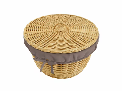 Round Woven Storage Basket with Lid Gray Rim and Bow Decoration 3d model