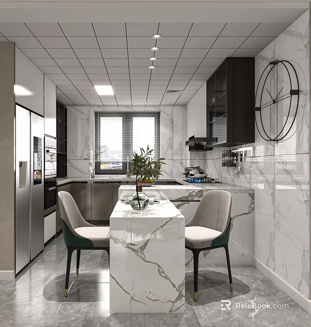 Modern Dining Room Interior Design With Marble Table Upholstered Chairs And Green Plants 3d model 