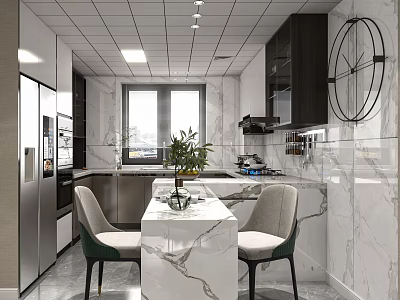 Modern Dining Room Interior Design With Marble Table Upholstered Chairs And Green Plants 3d model