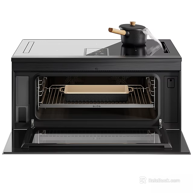 Black Electric Oven With Open Door Visible Interior Baking Tray And Small Pot On Top 3d model 