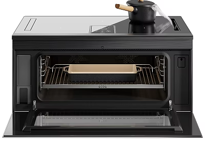 Black Electric Oven With Open Door Visible Interior Baking Tray And Small Pot On Top 3d model