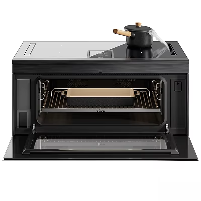 Black Electric Oven With Open Door Visible Interior Baking Tray And Small Pot On Top 3d model