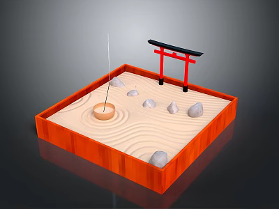 Japanese Zen Garden With Orange Wooden Frame Sand Raked Patterns Stones And Red Torii Gate 3d model