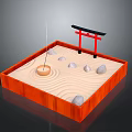 Japanese Zen Garden With Orange Wooden Frame Sand Raked Patterns Stones And Red Torii Gate