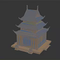 Cartoon Scenery Of Traditional Chinese Tower With Multi Story Tile Roof And Curved Eaves