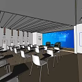 Modern Conference Room With Ceiling Lights Large Blue Screen Tables And White Chairs