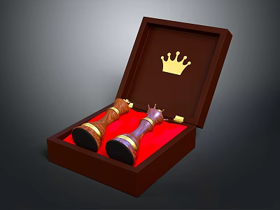 Elegant Wooden Box Open With Red Lining Containing Two Scepters And Golden Crown On Lid 3d model