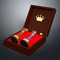 Elegant Wooden Box Open With Red Lining Containing Two Scepters And Golden Crown On Lid