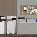 Office Workspace Featuring Multifunction Printers File Cabinets And Bulletin Board With Papers 3d model